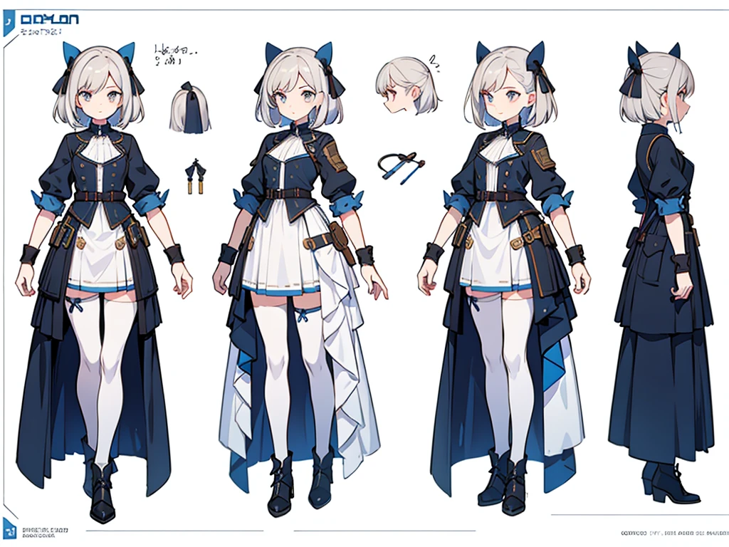 Cat ear,CHARACTER TURNAROUND SHEET,Character full body three views、
anime、Gray Hair、Female Characters、three views、front、side、back、pretty girl