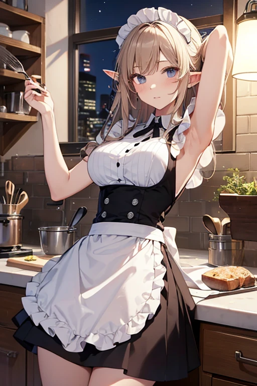 A maid, (in kitchen), various hair styles, night, details face, short skirt, seducing, sleeveless, maid uniform, armpits, elf