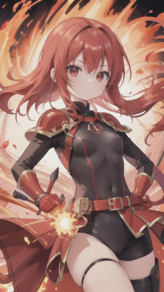 (best quality, Vibrant colors:1.2),red bobblehead doll,Vibrant red eyes,Red and black swimsuit,Red gloves,cockfighting,Armor that glows with fire