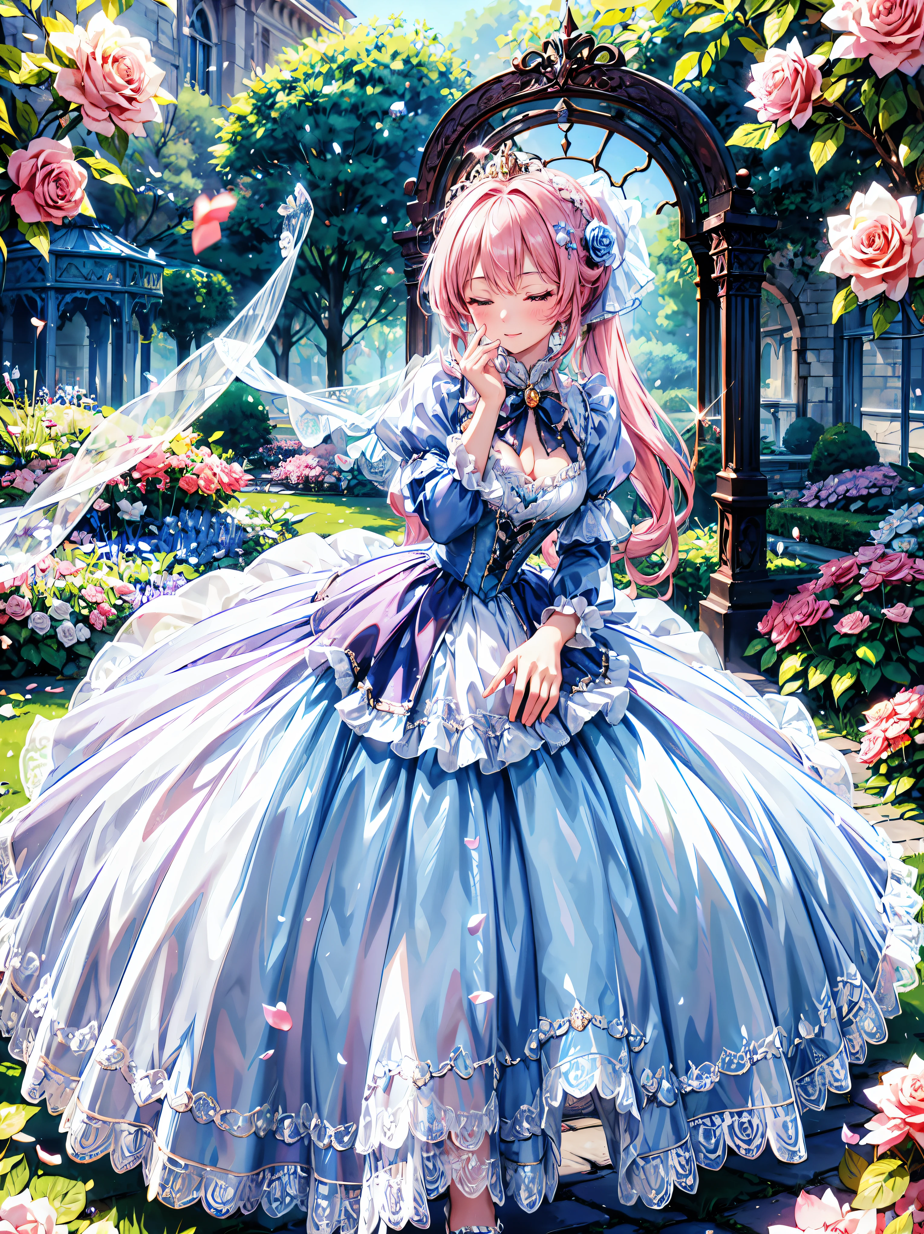 (((young face solo Captivating Adorable princess))), (((dress Clear dress))), (((Unsurpassed gorgeous rococo victorian gown with voluminous  hoopskirt and long hems, princess style skirt))), (gown brilliances dazzlingly glitter reflective prismatic transparency gown), (gown ultra elaborate gown:1.5), ((big breasts)), ((hair pink hair)), ((ponytail fluffy long ponytail)), (Expressive hair), very voluminous and very long hair, bangs, super delicate and beautiful face, beautiful lips, (hyper detail delicate beautiful eyes blue eyes), breasts cleavage, hair ornament silver ornament, beautiful smile, ((cowboy shot)), ((leaning forward, looking up, from above)), ((finger to mouth)), ((one eye closed)), 
(((Masterpiece, Super detail, top quality, ultra high res, Spectacular Quality, Distinguished Quality))), 
brilliance, glare, glitter, reflection, prism, transparency, (wonderland garden roses garden:1.3), elegant tea party, 