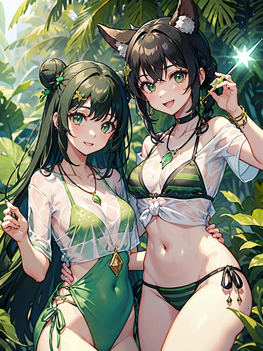 girl wearing green masic dress,(Casting a Spell:1.5)、、,Black Hair、girl、Bun Hair、hair ornaments、necklace、back、Devil horns、Anatomically correct、Swimwear、race、smile