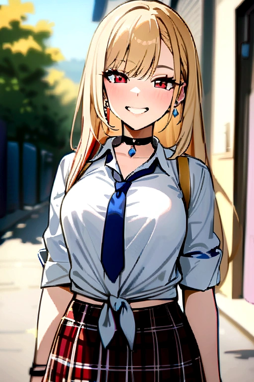 masterpiece, best quality, highres, kitagawa marin, 1girl, blonde hair, long hair, multicolored hair, red eyes, jewelry, earrings, piercing, , white shirt, tied shirt, black choker, blue necktie, plaid skirt, grin, smile, standing, cowboy shot, outdoors,