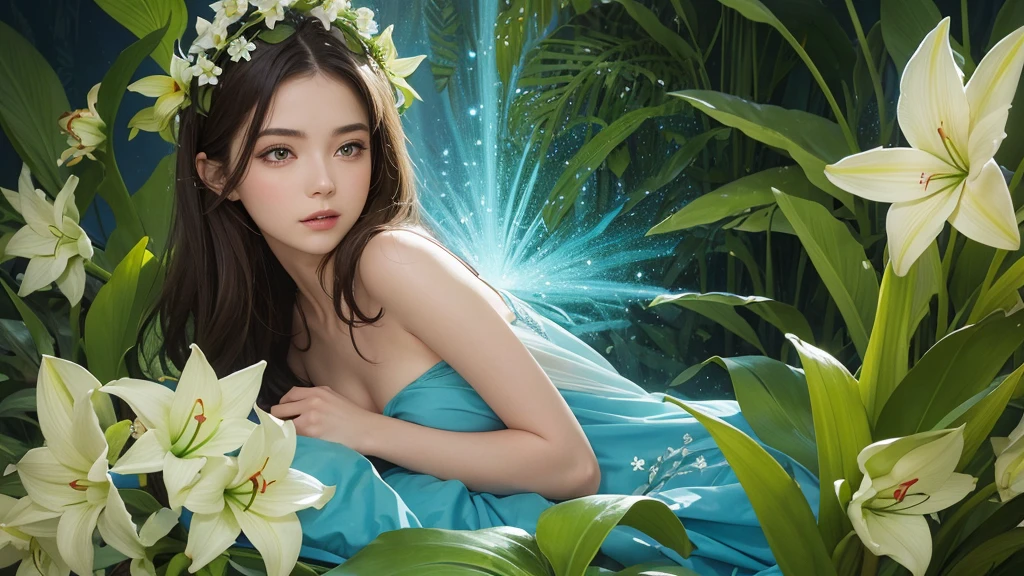 32k, Masterpiece, Highest quality, One girl, Brown Hair, Detailed eyes, flower,Amaryllis, Blue and green style,A dreamy, romantic piece,Pale yellow, Mysterious Leaves,A playful arrangement,Fantasy,High Contrast,Ink strokes,explosion,Exposure, Impression of blue and green tones,Abstract, Brush strokes,Negative Space, Tyndall effect