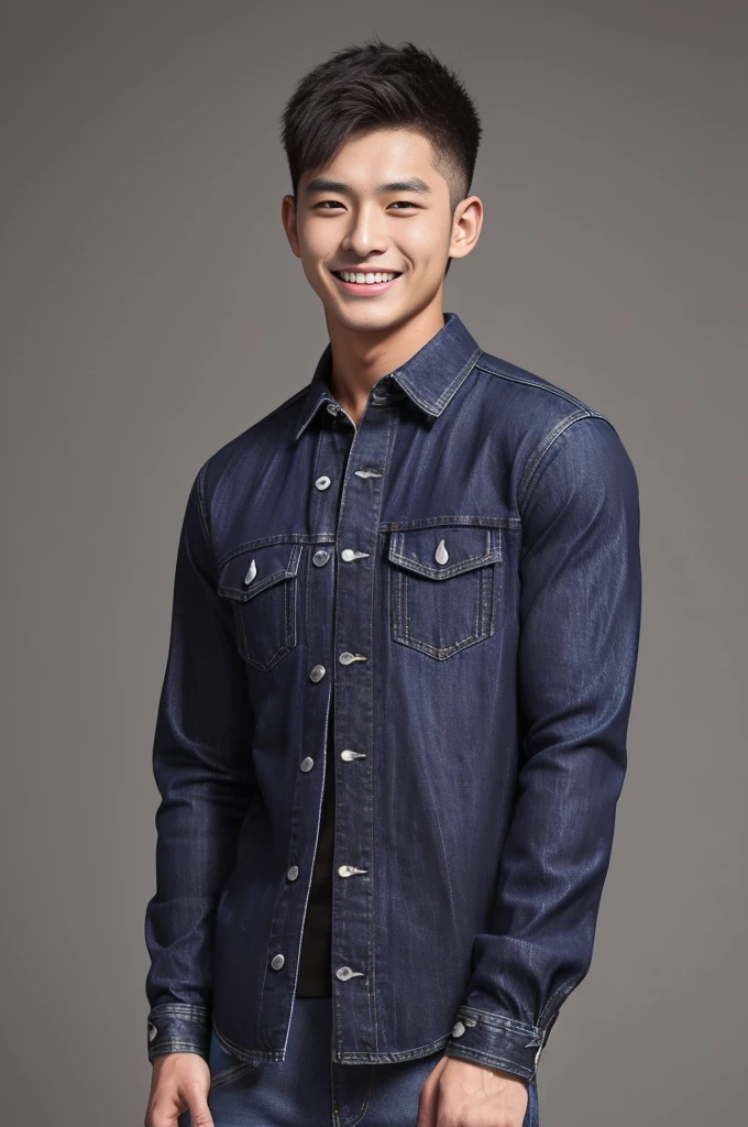 handsome man ,Age 20 , short hair, Korea , student,(((Wear a black long-sleeved denim shirt.......))), full body view,smile ,chest muscles, Big arm muscles, big muscles, Broad shoulders ,sportsperson , upper body (1), rain: 1.3, Gym: 1.2, body drenched: 1.1, cycling