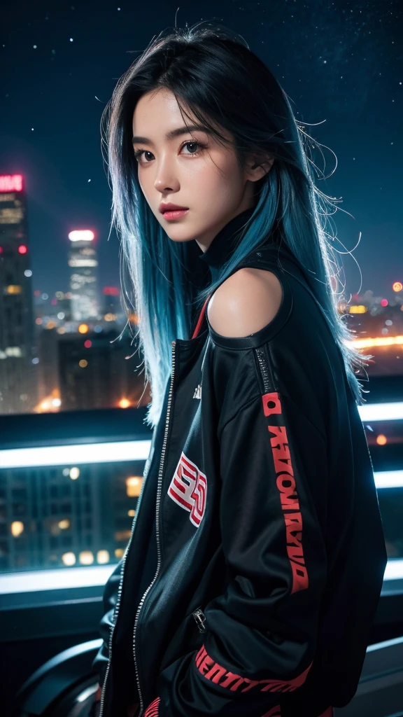 (tmasterpiece), Best quality at best, Ultra-high resolution,, Cyberpunk 1girl flies over stunning cityscapes ,hoody,Blue hair, neon colored meteor, Very long hair, cropped shoulders, feathers hair ornament, neon colored, Twinkle, stunning night sky, light, realisticlying, realisticing skin, HighDynamicRange,fish eye, chill