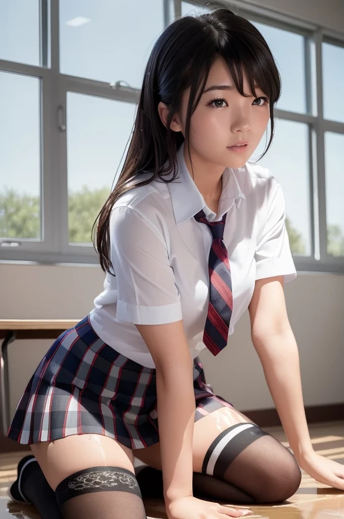 (masterpiece, best quality:1.2), a hyperrealistic schoolgirl, solo, 1girl, yukinoshita yukino, (shiny skin, wet skin:1.2), sweating, slight smile, looking at viewer, on all fours, school uniform, white shirt, plaid skirt, thighhighs, afternoon, classroom hyperrealistic schoolgirl