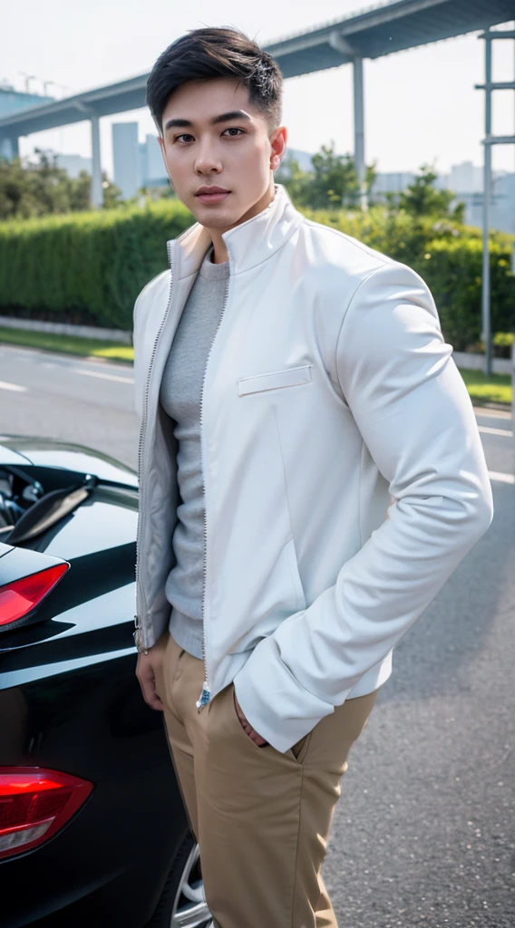 Masterpiece, best quality best, 1 young man, Asian man, East Asian people, one person, The muscles are in good proportion., Posing obscenely, short hair details, white teeth, jacket set, road background, Realistic style,photography,Can be seen from the front, see viewers