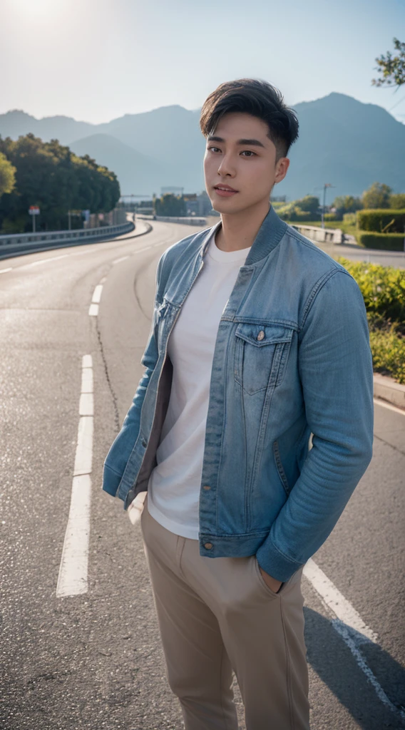 Masterpiece, best quality best, 1 young man, Asian man, East Asian people, one person, The muscles are in good proportion., Posing obscenely, short hair details， white teeth, jacket set, road background, Realistic style，photography，Can be seen from the front, see viewers
