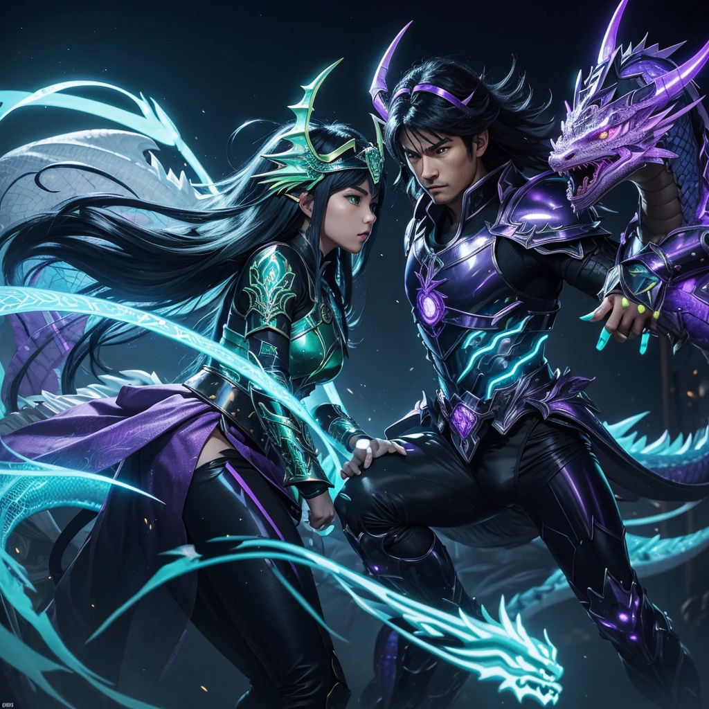 fisheye view, wide-long distance. *(*(the big chaostic neon green hologram transparent dragon appears behind shiryu like circling the bodies.)*)* A 35yo thai-canadian shiryu-dragon lady. blowing black long hair cosplay in dragon shiryu cosplay from the anime series "Saint Seiya." captured in a dynamic martial art pose, the armor with a color scheme that combines shades of shiny-bright_violet mix silver and dark blue accent, reminiscent of traditional Greek armor. The cloth is equipped with a *(headdress component with two yellow dragon whiskers pointed)*.