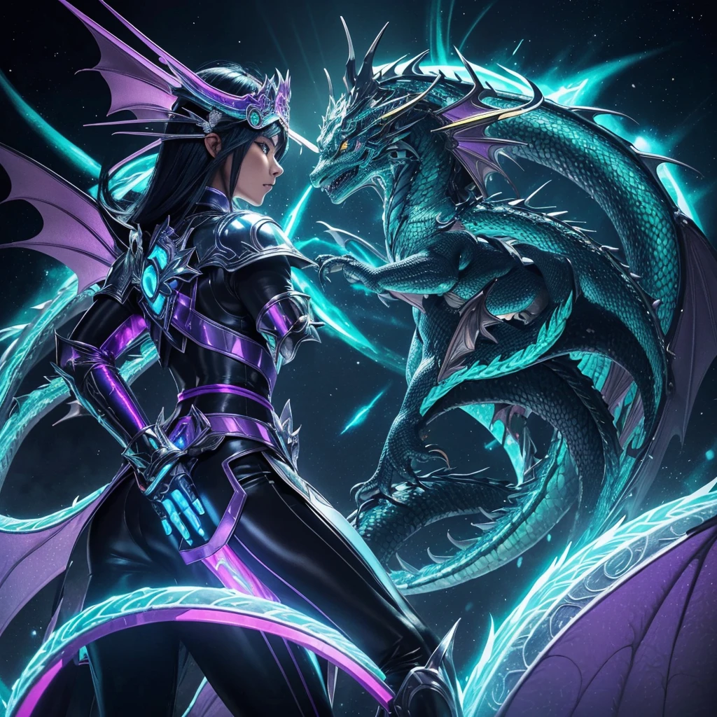 fisheye view, wide-long distance. *(*(the big chaostic neon green hologram transparent dragon appears behind shiryu like circling the bodies.)*)* A 35yo thai-canadian shiryu-dragon lady. blowing black long hair cosplay in dragon shiryu cosplay from the anime series "Saint Seiya." captured in a dynamic martial art pose, the armor with a color scheme that combines shades of shiny-bright_violet mix silver and dark blue accent, reminiscent of traditional Greek armor. The cloth is equipped with a *(headdress component with two yellow dragon whiskers pointed)*.