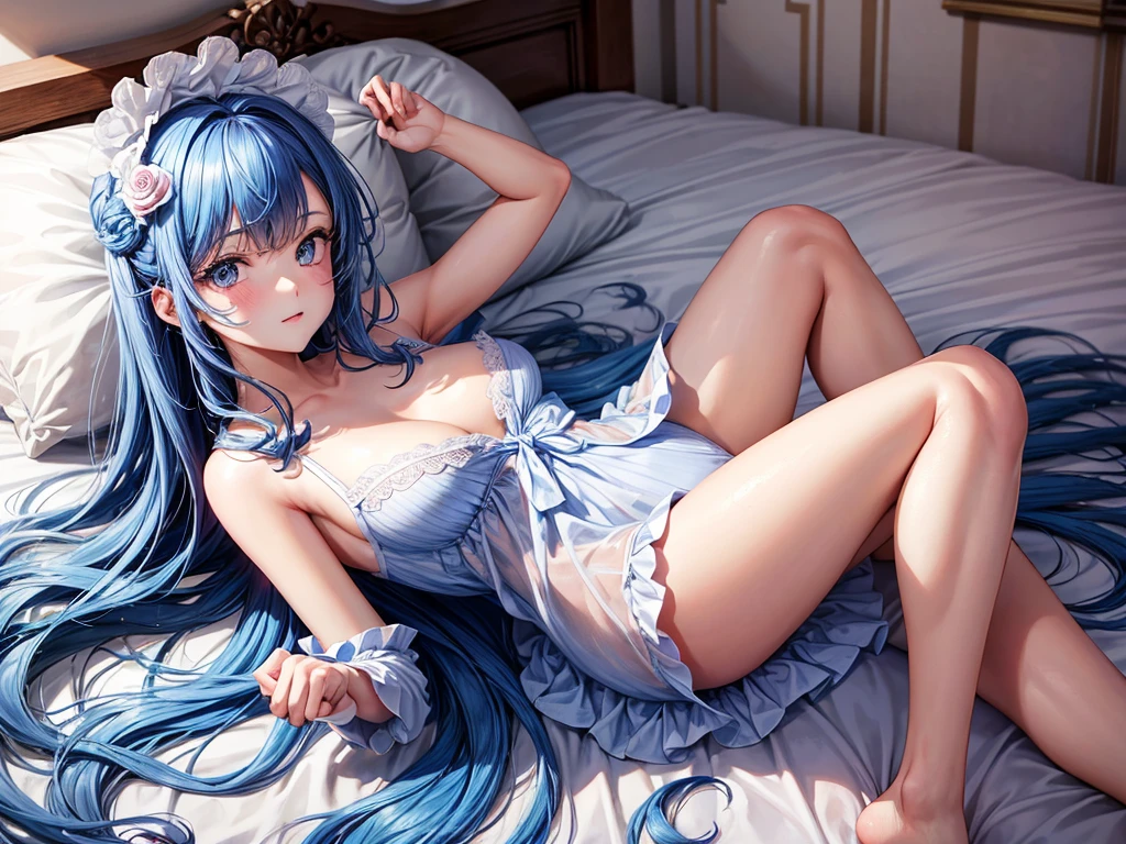 une jolie adolescente, cheveux brun, yeux bleu, pyjama rose y de fille, dans une chambre de fille, le pyjama est déboutonné, (((sans de cul))), elle sourrit, on voit ses épaules, elle a des petits seins