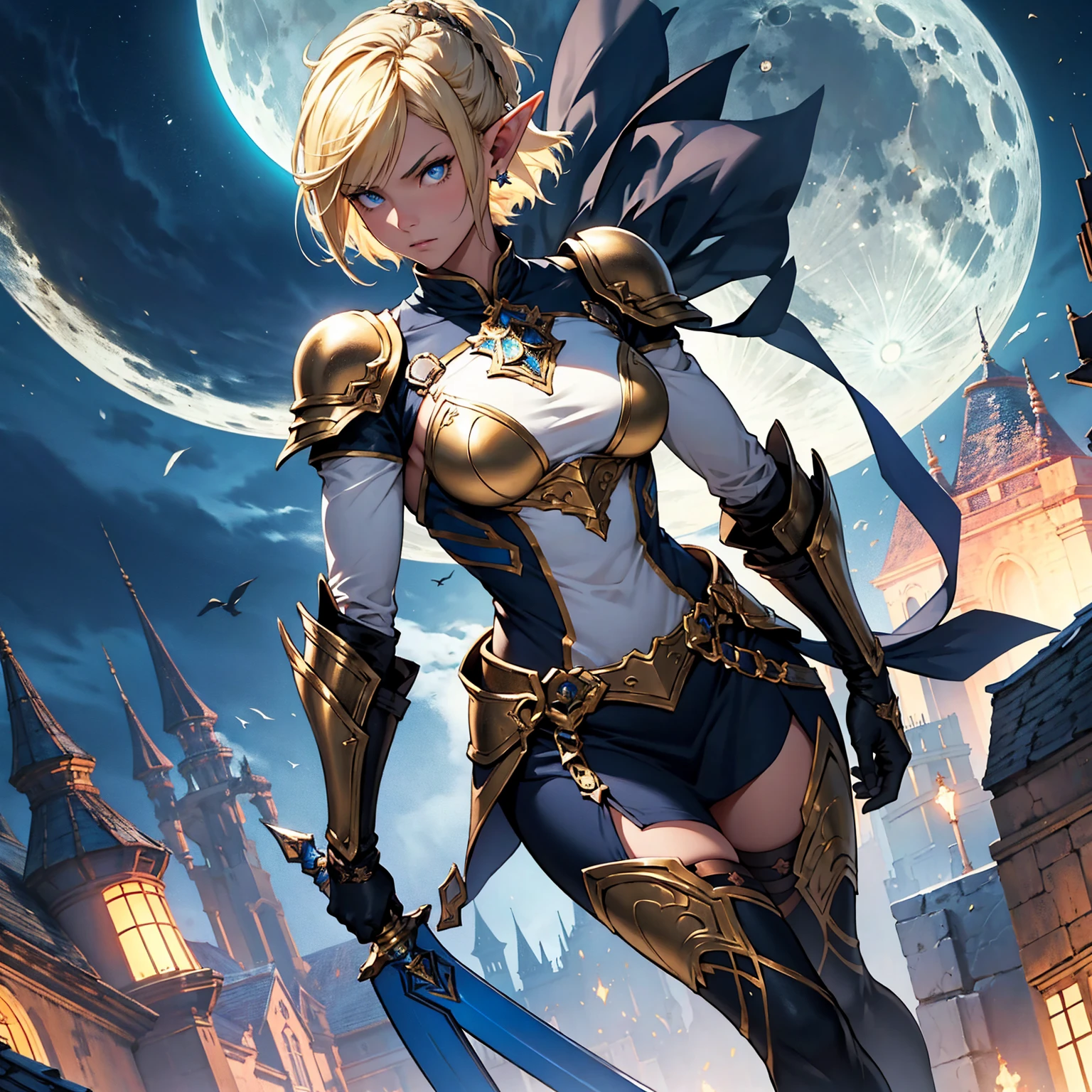 1girl!!!, elf, short bob hair, gold hair, very small breasts, long pointed ears, blue eyes, fair skin, serious face, full heavy armor, big sword on the back, full body, night, moon, medieval castle, very sexy body, detailed face, highly detailed, 8k, best quality, masterpiece, vibrant colors, digital art, concept art
