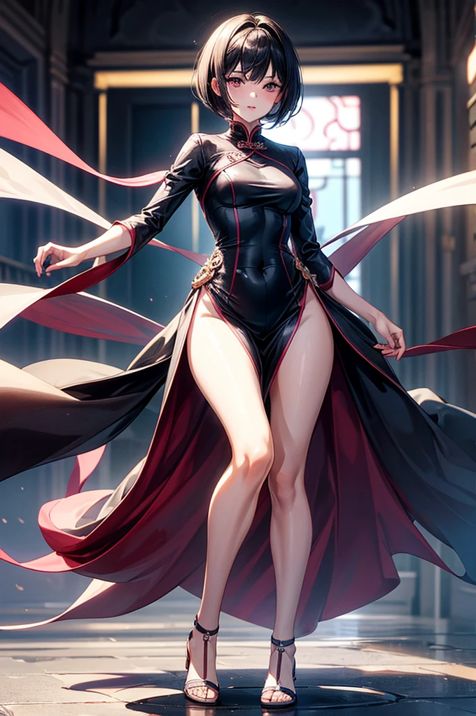masterpiece, best quality, distinct image, 1 girl, 16 year old ager, knee length Chinese styled dress, solo. sharp facial features, oval shaped face, cherry pink lip, lightly tanned white skin, velvet-colored eyes, tall height(175cm), slim yet chiseled body-type, dark violet-black hair, short pixie cut hairstyle, long and slender legs, curvy wide hips stretching the dress, full body image,