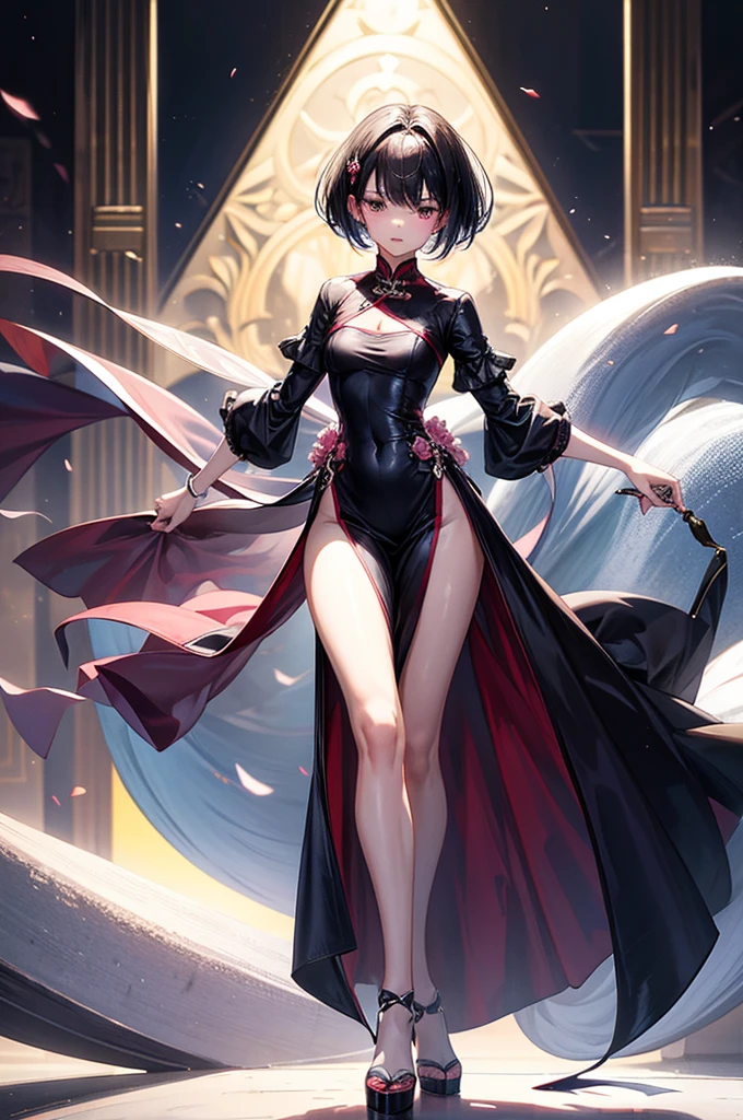 masterpiece, best quality, distinct image, 1 girl, 16 year old teenager, knee length Chinese styled dress, solo. sharp facial features, oval shaped face, cherry pink lip, lightly tanned white skin, velvet-colored eyes, tall height(175cm), slim yet chiseled body-type, dark violet-black hair, short pixie cut hairstyle, long and slender legs, curvy wide hips stretching the dress, full body image,