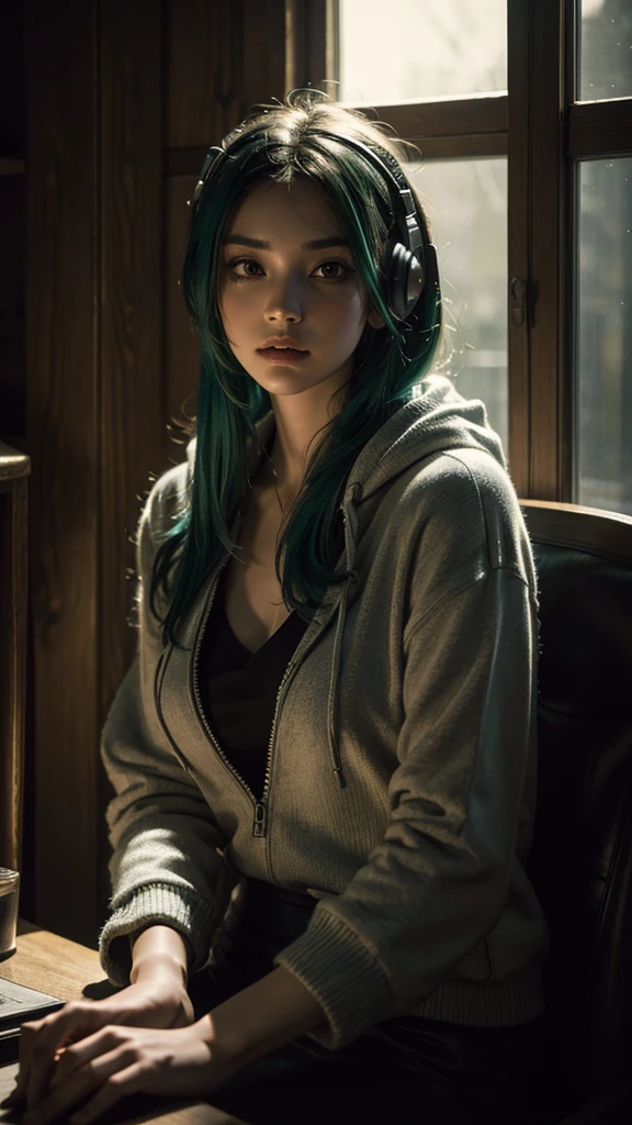 a young woman with green hair and headphones, sitting and looking serious, wearing a sexy dark hoodie, indoors, soft lighting, (best quality,4k,8k,highres,masterpiece:1.2),ultra-detailed,(realistic,photorealistic,photo-realistic:1.37),highly detailed portrait, beautiful detailed eyes,beautiful detailed lips,extremely detailed eyes and face,longeyelashes,intricate details,chiaroscuro lighting,moody atmosphere,cinematic composition