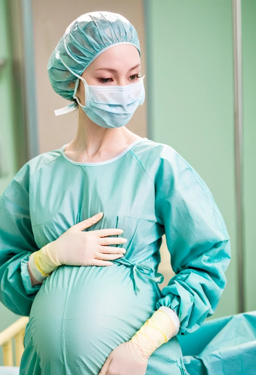 score_9,  score_8_up, score_7_up, masterpiece, highest quality, pale skin, shy eyes, cover the ears, big breasts, surgical mask, surgical cap, long sleeve surgical gown, pregnant with big belly,
1 girl, pregnant, solo, rubber gloves, frown,  standing, in one hospital, in the operating room,