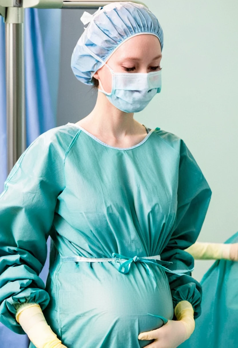 score_9, score_8_up, score_7_up, masterpiece, highest quality, pale skin, shy eyes, cover the ears, big breasts, surgical mask, surgical cap, long sleeve surgical gown, pregnant with big belly,
1 girl, pregnant, solo, rubber gloves, frown, standing, in one hospital, in the operating room,