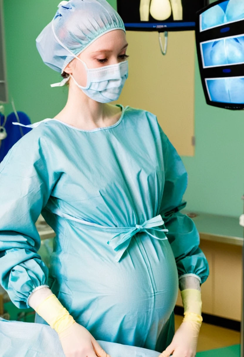score_9, score_8_up, score_7_up, masterpiece, highest quality, pale skin, shy eyes, cover the ears, big breasts, surgical mask, surgical cap, long sleeve surgical gown, pregnant with big belly,
1 girl, pregnant, solo, rubber gloves, frown, standing, in one hospital, in the operating room,