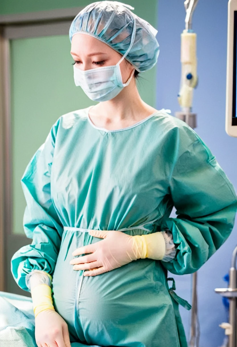score_9, score_8_up, score_7_up, masterpiece, highest quality, pale skin, shy eyes, cover the ears, big breasts, surgical mask, surgical cap, long sleeve surgical gown, pregnant with big belly,
1 girl, pregnant, solo, rubber gloves, frown, standing, in one hospital, in the operating room,