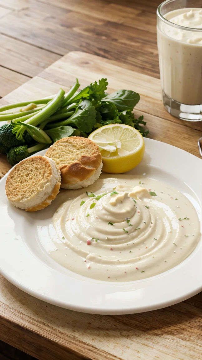 Vegetable mayonnaise in a beautiful white plate on a wooden table