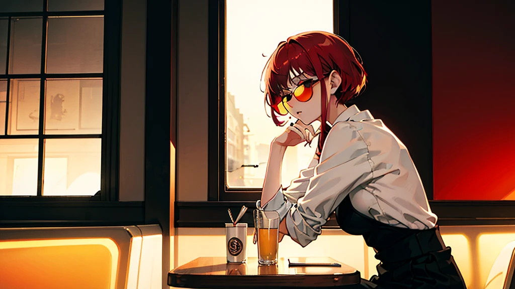 beautiful asian girl with red hair sitting in a diner at night, seen through a window, perfect face, sunglasses, smoking a white tailor made cigarette, NeonNoir, (backlit: 1.1), hard shadow, masterpiece, best quality, Intricate, modelshoot style, vintage, film grain, Incomplete details