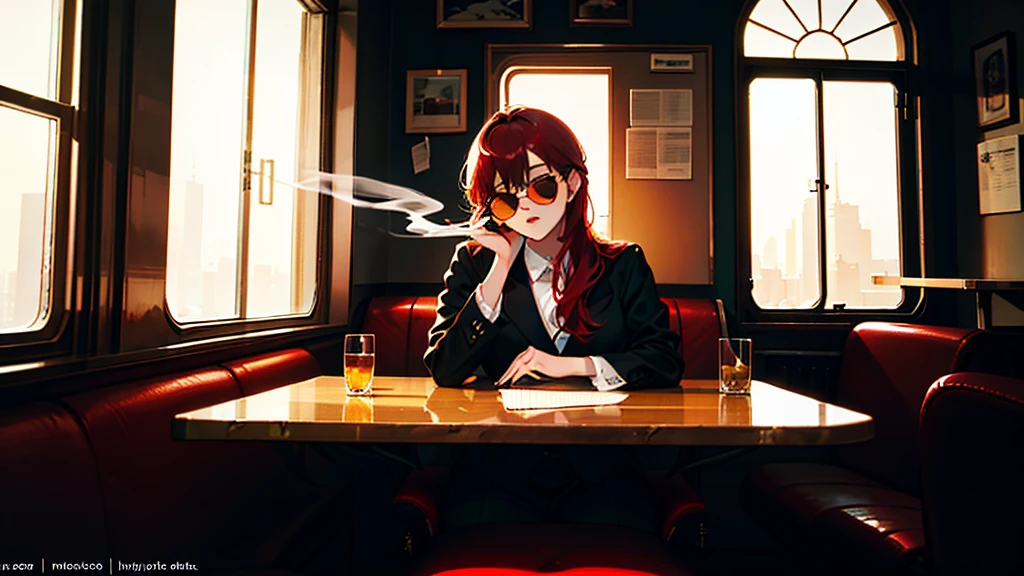 beautiful asian girl with red hair sitting in a diner at night, seen through a window, perfect face, sunglasses, smoking a white tailor made cigarette, NeonNoir, (backlit: 1.1), hard shadow, masterpiece, best quality, Intricate, modelshoot style, vintage, film grain, Incomplete details
