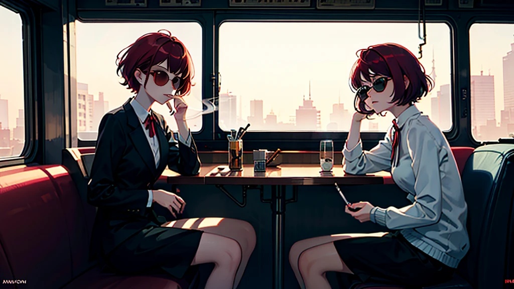 beautiful asian girl with red hair sitting in a diner at night, seen through a window, perfect face, sunglasses, smoking a white tailor made cigarette, NeonNoir, (backlit: 1.1), hard shadow, masterpiece, best quality, Intricate, modelshoot style, vintage, film grain, Incomplete details