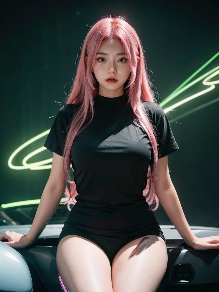  21yo girl,pink hair,long hair, wearing black t-shirt, green neon light,black background, natural big breast, show big thigh, plump body,single sidelock hairpin blush modern cinematic lighting,ray tracing,drop shadow wide shot UHD,textured skin,high details,best quality 4K