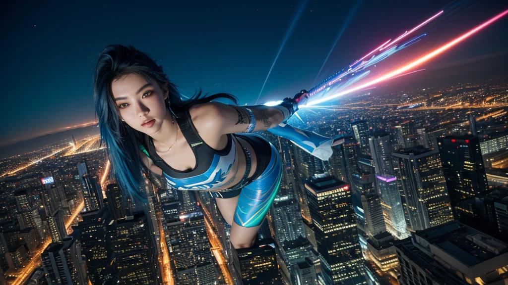 (tmasterpiece), Best quality at best, Ultra-high resolution,, Cyberpunk 1girl flies over stunning cityscapes ,hoody,Blue hair, neon colored meteor, Very long hair, cropped shoulders, feathers hair ornament, neon colored, Twinkle, stunning night sky, light, realisticlying, realisticing skin, HighDynamicRange,fish eye, chill