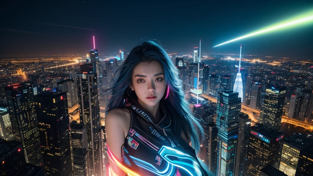 (tmasterpiece), Best quality at best, Ultra-high resolution,, Cyberpunk 1girl flies over stunning cityscapes ,hoody,Blue hair, neon colored meteor, Very long hair, cropped shoulders, feathers hair ornament, neon colored, Twinkle, stunning night sky, light, realisticlying, realisticing skin, HighDynamicRange,fish eye, chill