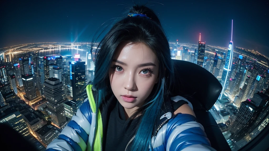 (tmasterpiece), Best quality at best, Ultra-high resolution,, Cyberpunk 1girl flies over stunning cityscapes ,hoody,Blue hair, neon colored meteor, Very long hair, cropped shoulders, feathers hair ornament, neon colored, Twinkle, stunning night sky, light, realisticlying, realisticing skin, HighDynamicRange,fish eye, chill