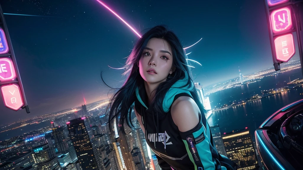 (tmasterpiece), Best quality at best, Ultra-high resolution,, Cyberpunk 1girl flies over stunning cityscapes ,hoody,Blue hair, neon colored meteor, Very long hair, cropped shoulders, feathers hair ornament, neon colored, Twinkle, stunning night sky, light, realisticlying, realisticing skin, HighDynamicRange,fish eye, chill