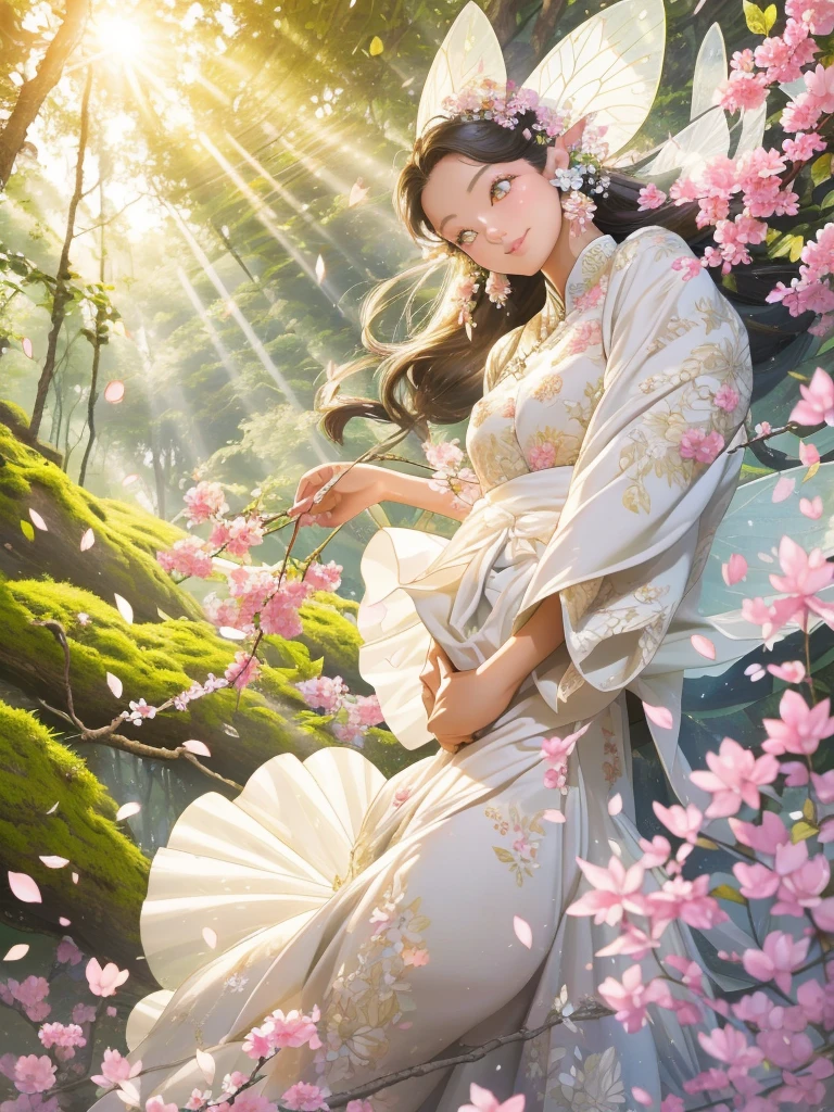 Forest Fairy、The wind and petals fly from my scooping hands.、woman、smile、Long ears、Floral dress、Race、Gorgeous Accessories、in the forest、wood々Sunlight shining through、Close-up of upper body from below、delicate、colorful、