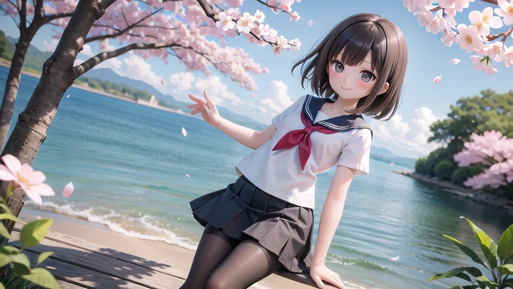 (masterpiece),  Outdoor,  cherry blossoms,  petal,  sunlight,  lake,  One Girl,  blush,  smile,  Medium Hair,  Sailor suit,Long skirt, Overgrown, petal, plant、Skirt lining、White slip、nostalgic、pantyhose（gray）、You can see the sea in the distance, Crotch close-up