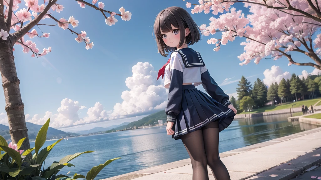 (masterpiece), Outdoor, cherry blossoms, petal, sunlight, lake, One Girl, blush, smile, Medium Hair, Sailor suit,Long skirt, Overgrown, petal, plant、Skirt lining、White slip、nostalgic、pantyhose(gray)、You can see the sea in the distance, Crotch close-up