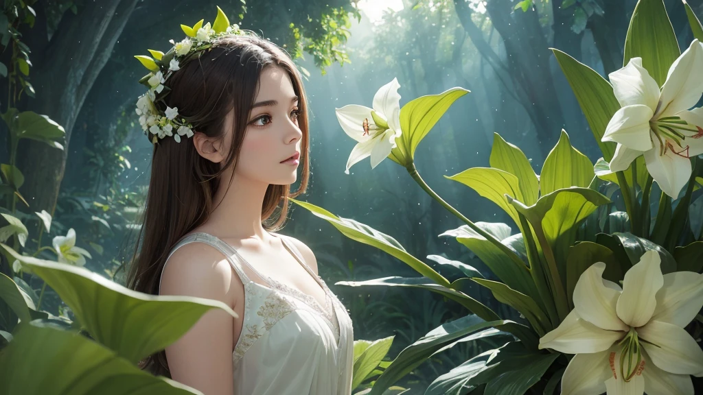 32k, Masterpiece, Highest quality, One girl, Brown Hair, Detailed eyes, flower,Amaryllis, Blue and green style,A dreamy, romantic piece,Pale yellow, Mysterious Leaves,A playful arrangement,Fantasy,High Contrast,Ink strokes,explosion,Exposure, Impression of blue and green tones,Abstract, Brush strokes,Negative Space, Tyndall effect