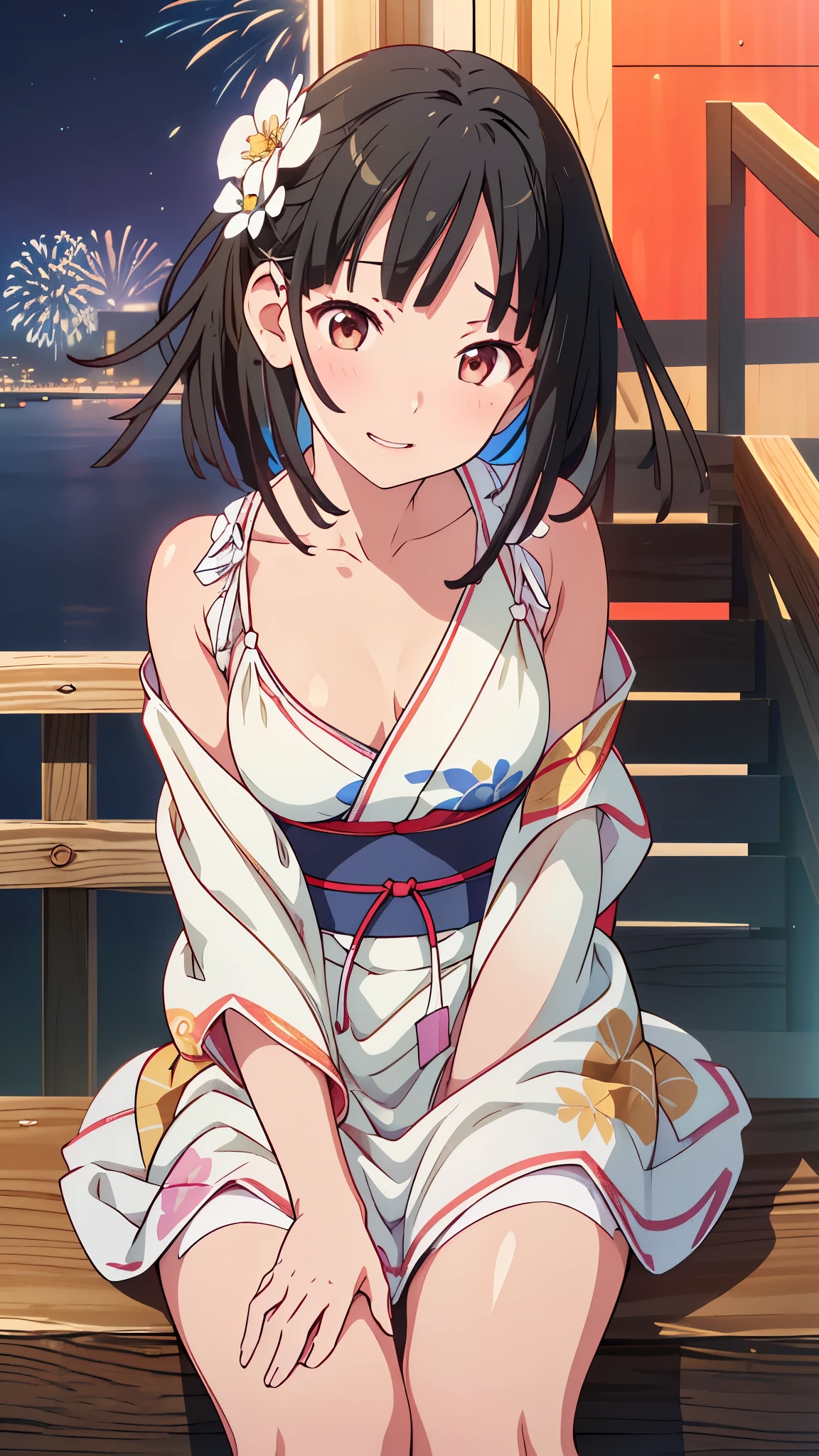 Anime girl in a kimono sitting on the stairs with fireworks in the background、(Tabletop:1.3), High resolution, Ultra-detailed, Highly detailed CG Unity 8k wallpaper, Realistic, Photorealistic, RAW Photos, Beautifully detailed face, Pale skin, Realistic glitter skin, Detailed cloth texture, Detailed hair texture, Perfect body, Beautiful Face, Acura, Anatomically correct, Highly detailed face and skin texture, Natural neck length, (Beautiful Hands), (Fair skin:1.2), Thin legs, Thin legs, (Teeth are neatly arranged:1.1), Sweaty skin, break, Fine grain, Symmetrical eyes, Light brown eyes, double eyelid, Thin eyebrows, (Glossy Lips:1.4), ((Cute smile:1.2)), (blush:1.1), (Glowing little hair ornament:1.1), break, (Elegant girl:1.3), (wear (Navy blue yukata:1.2) There is a white floral pattern), break, Small breasts, Slim figure, Toned Abs, ((Updo, Black Hair, Asymmetrical bangs:1.2)), (Close-up shot:1.2), (A sideways glance at the audience:1.1), From next to me, break, ((Sit on the stairs，Gently lift your chin in Odaiba:1.2)), ((Huge colorful fireworks bloom in the night sky:1.2)),