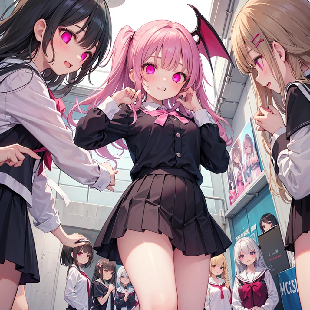 Details、Ultra-detail、masterpiece、top-quality、Beautiful fece、A detailed eye、 (focus panties), (I look up at the five girls from the ground.)、(Five girls are standing in a circle around me, looking down at me.:1.5)、circle、(seductive grin), (((5 giant girls)))、((angle from below)), 5 young face, (thighs), 5panties, (angle from under 5 girls),baby face,mesugaki,5 succubuses,(Pink ribbon:1.1)、(Two-side-up)、pink bra、Shady face、white hair、malicious smile、Bruises and ugly facial features、Young features、(Lori:1.2)、long-sleeve、puffy sleeves fluffy hair、Elementary school girls、Short stature、Chiquita、Colossal tits、(Put your hand on your face)、Buriko、Ruffled uniforms、hair clips、(Ridicule:1.1)、looking-down、Looking from below、Being looked down upon by girls、(Looking from below:1.2)、ultra gigantic tits、Pink heart symbol、Mass of heart、(Heart Effect:1.1)、(heart mark:1.1)、demon tail、Devil's Tail、Succubus、(ultra gigantic tits:1.3), (6+girls,multiple girls, crowd:1.3),