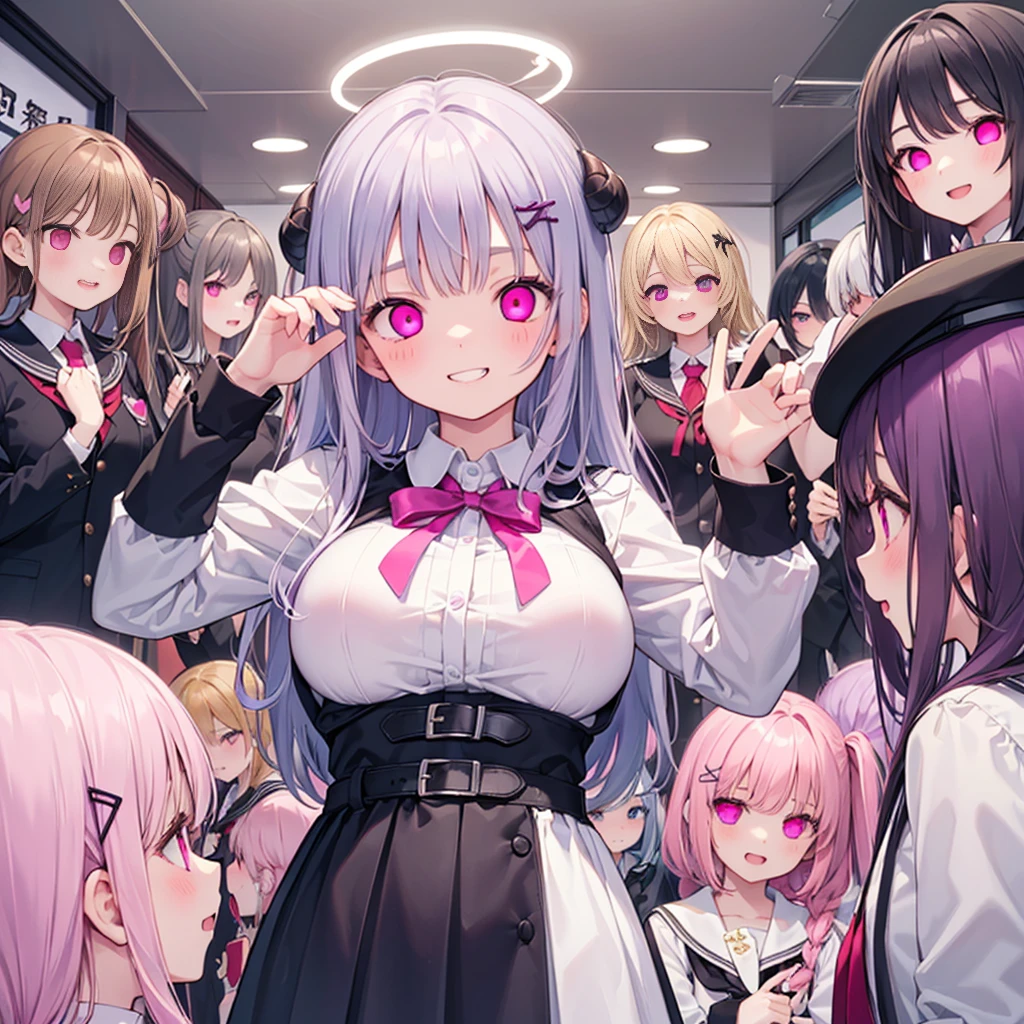 Details、Ultra-detail、​masterpiece、top-quality、Beautiful fece、A detailed eye、 (focus panties), (I look up at the five girls from the ground.)、(Five girls are standing in a circle around me, looking down at me.:1.5)、circle、(seductive grin), (((5 giant girls)))、((angle from below)), 5 young face, (thighs), 5panties, (angle from under 5 girls),baby face,mesugaki,5 succubuses,(Pink ribbon:1.1)、(Two-side-up)、pink  bra、Shady face、white hair、malicious smile、Bruises and ugly facial features、Young features、(Lori:1.2)、long-sleeve、puffy sleeves fluffy hair、Elementary school girls、Short stature、Chiquita、Colossal tits、(Put your hand on your face)、Buriko、Ruffled uniforms、hair clips、(Ridicule:1.1)、looking-down、Looking from below、Being looked down upon by girls、(Looking from below:1.2)、ultra gigantic tits、Pink heart symbol、Mass of heart、(Heart Effect:1.1)、(heart mark:1.1)、demon tail、Devil's Tail、Succubus、(ultra gigantic tits:1.3), (6+girls,multiple girls, crowd:1.3), 