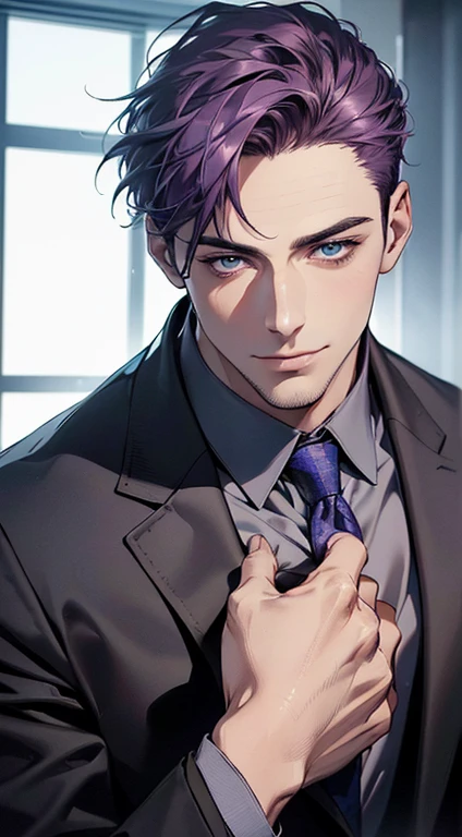 (best quality,4k,8k,highres,masterpiece:1.2),ultra-detailed,(realistic,photorealistic,photo-realistic:1.37),1 man,31 years old,mature man,very handsome,without expression,smile,short purple hair,blue eyes,penetrating gaze,perfect face without errors,imposing posture,businessman,office background,cinematic lighting,hdr image