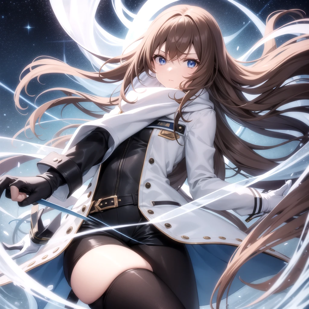 A woman, long brown hair [Wavy hair at the end of the hair,], blue eyes [bright pupils 1.5] break 
White shirt[with white shirt collar], Pink coquette jacket[Zipped up half way], Space blue short, Black gloves[short gloves,cover only the wrist and middle finger], Black tights, White legs warm,Blown boots [Short]. Break 


