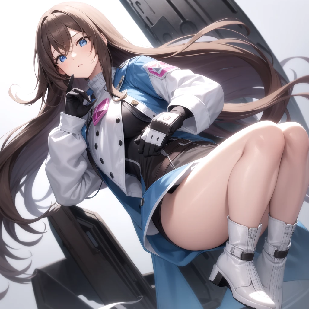 A woman, long brown hair [Wavy hair at the end of the hair,], blue eyes [bright pupils 1.5] break 
White shirt[with white shirt collar], Pink coquette jacket[Zipped up half way], Space blue short, Black gloves[short gloves,cover only the wrist and middle finger], Black tights, White legs warm,Blown boots [Short]. Break 

