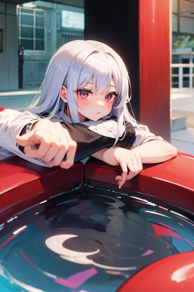 Silver-haired, red-eyed girl、Wavy long hair、Pool、Riding on a float、A sweet tsundere girl、Reaching for this、Prank、cute、