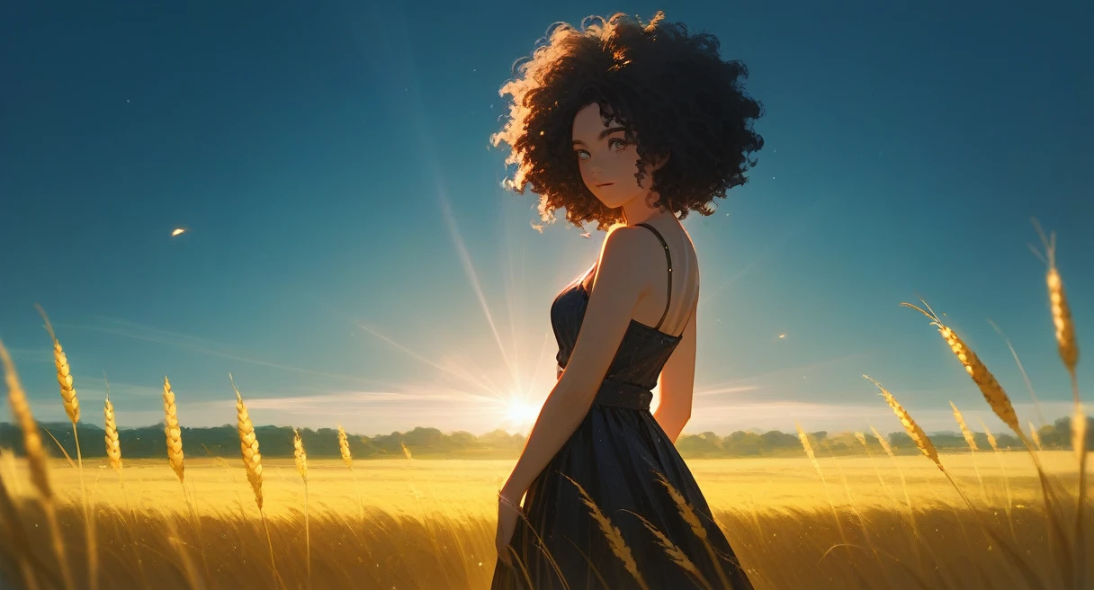 anime beautiful black girl with curly afro hair wearing a peasant dress, standing in a wheat field bathed in warm sunlight, detailed facial features, cinematic lighting, vibrant colors, intricate details, highly detailed, masterpiece