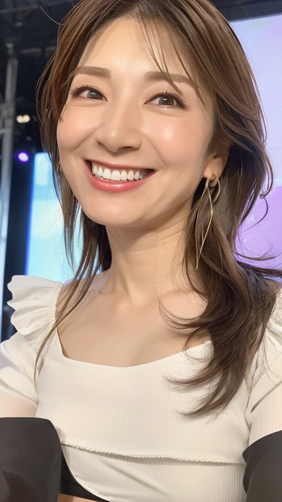 ((Highest quality)), ((8K)), ((masterpiece: 1.3)), (Perfect appearance), (Photorealism: 1.6), (AYN), (Woman standing in the middle of the stage), Japanese Mature, (58 years old), ((Realistic skin texture)), (Fine wrinkles appear all over the skin), (Dullness), (Unmoisturized skin) , (Facial wrinkles), (Wrinkles around the eyes), double eyelid, Lower eyelid tear trough, (Dimples), Short bangs, Long wavy hair, Smile with the corners of your mouth turned up, (Double teeth: 1.2), The gaze is directed here, (Open neck blouse: 1.4), (Three-quarter sleeves, Wide cuffs), (mini skirt), High heels, (whole body), (Angle from the feet),