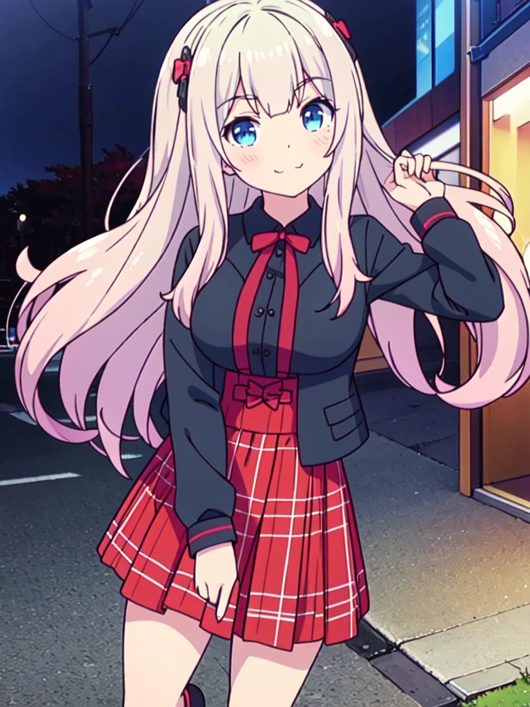 incredibly detailed, absurdities, ultra-high, ultra detailed, Best Quality,
1 girl, Alone, good hands, perfect hands,
REST large,gothic dress,nylon clothing,denim dress,riding jacket,BREAK red tartan plaid pleated skirt
(smiling, evil smile:1.2), Closed mouth, (:3:1.3), v shaped eyebrows, standing REST slim, kawaii, perfect symmetrical face, ultra beautiful girl, ultra beautiful face, Ojos ultra detaileds, cabello ultra detailed, ultra beautiful, ultra beautiful,
BREAK
in harajuku, Shibuya, SUCH, street, crew, urban landscape,
BREAK
medium large breasts,
by rubio, Blue eyes, two tails