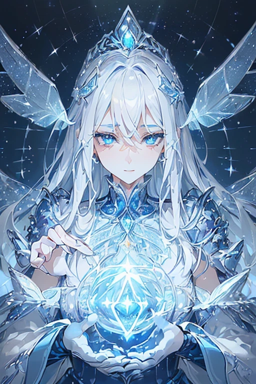 (((masterpiece))), (((Highest quality))), ((Super detailed)), ((Ultra-fine illustrations)), ((Ultra-fine painting)), (16K Highest qualityの壁紙:1.4), (Upper Body:1.4), High resolution, (Very beautiful and detailed illustration style:1.8), Detailed skin texture, Detailed metal texture, Detailed cloth texture, Very detailed explanation, (Tmasterpiece), (Highly detailed face:1.4), (Very exquisite silver hair:1.4), (Very detailed blue eyes:1.4), original, RAW Photos, Professional, Intricate details, Super Detail, (Perfect ???????:1.4), (Extremely elaborate hands:1.2), (Highly detailed fingers:1.2), (Very dexterous fingers:1.2), (sexy), (sexy), (27 years old:1.4), Genuine, (alone:1.5), ((A very beautiful and intelligent model of a mechanized angel.、The Chief Court Magician:1.4)) brake (Beautiful and well-shaped big breasts:1.2), (Beautiful and shapely butt), (Pure white highly detailed large Perfectly symmetrical wings:1.4), (Beautiful and shiny rainbow hair, Colorful Hair:1.6), ((Beautiful, clear, iridescent blue eyes, Colorful eyes:1.5), (Beautiful sparkling blue eyes:1.6), (Highly detailed face:1.4), (smile:1.4), (View your viewers:1.4), (Perfectly symmetrical wings:1.8) brake ((A sophisticated mechanism:1.4))Sleek and commanding design, ((Exclusive to the Chief Court Magician、Shining in sapphire blue and pearl white、Very elaborate and stylish ice and lightning magical sacred machine armor dress。:1.4)) brake (Concept Art:1.2), (Detailed science magic fantasy art:1.2), (Combat pose), (Very detailed and cool attack spell casting pose) brake ((A very elaborate and delicate magic circle:1.4), (Highly detailed and delicate snow and lightning background crystals:1.3), No robots, (Geometric pattern), (Highly detailed and delicate starry sky background:1.4)) brake (Browsing Caution) brake
