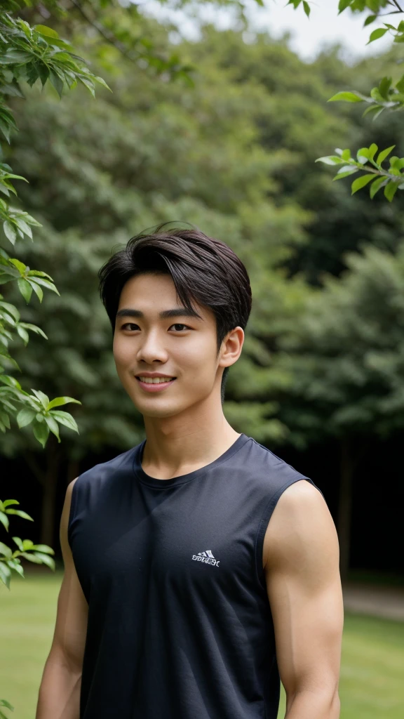 (As a matter of fact, Masterpiece, 8k HD, good light quality, sportswear, fit the face, complicated details), A handsome, muscular young Korean man. , 20 years old, be happy, smile brightly, detailed face, delicate eyes, มองดูsky, Wear a navy tight T-shirt.:1.6, period, black eyes, Black hair color, ผมsmooth, smooth, outdoor sports, Along the garden, Sunny,sky，Surreal，Awesome details，Highest quality，real，Open your mouth to talk. , Close your eyes.