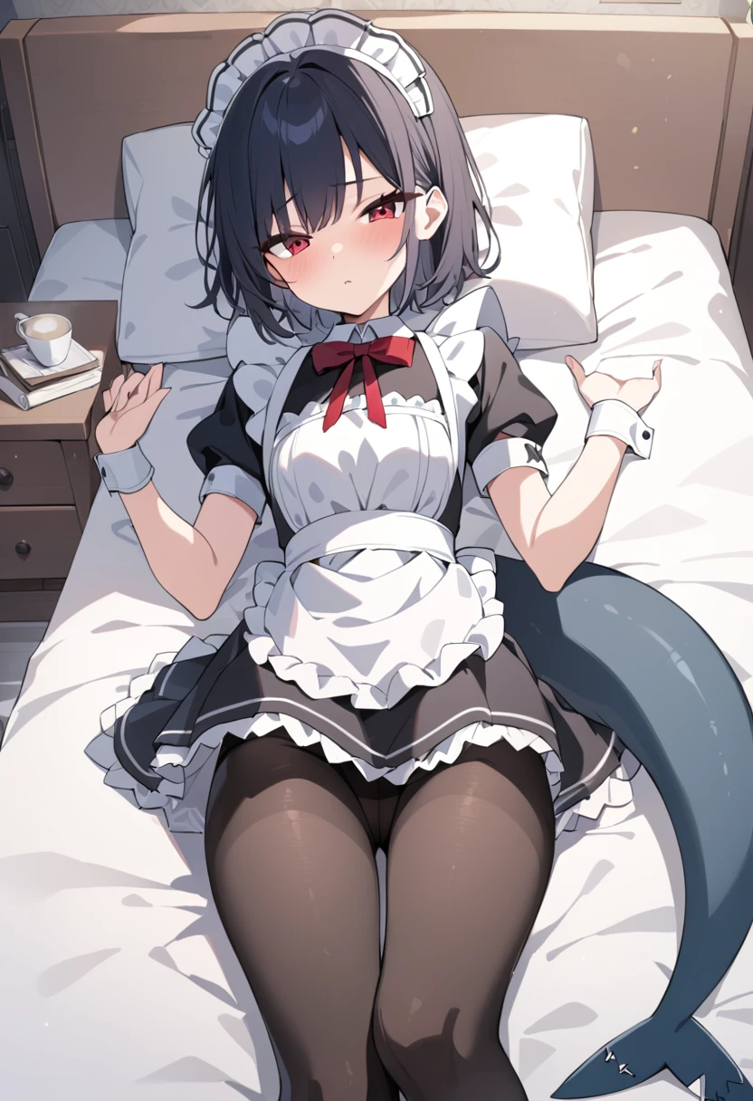 1 girl lying on the bed in the bedroom,(masterpiece:1.2),Best quality,Very detailed, Red eyes,Black short hair,Black pantyhose,full,Dark shark tail,Maid costume,Bedside Table,Raise your hand