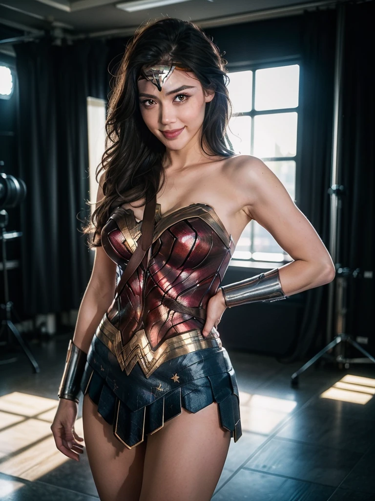 Wonder Woman, Portrait by Altgarm, a realistic style, Radiant Skin, Cartoon hero, Natural light, clear lips, Strong physical strength, Female body, whole body, Viewer, (Smile:1.2), Depth of field/1.8, Studio shot, (((Looking at the camera))), Camera orientation, Ellen von Unwerth, (Sexy pose:1.5)，Two-color background